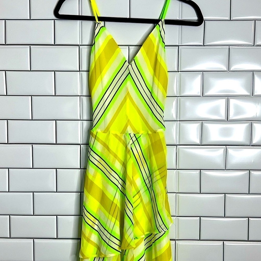 Christopher John Rogers Neon Dress Two‎ Tone 0 Yellow Green Highlighter Abstract